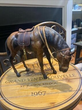 Vintage-Hand Carved Wooden Leather wrapped  Horse w/ Glass Eyes Equestrian